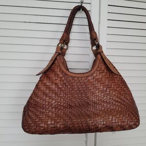 Vintage COLE HAAN Genevieve Woven Leather Weave Triangle Tote Hand Bag - Brown